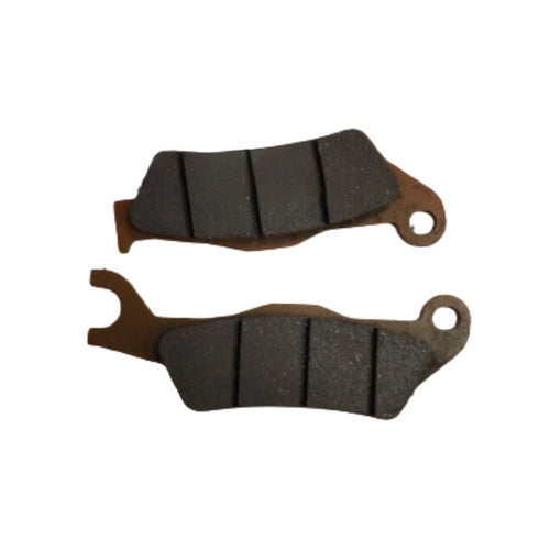 Pair of motorcycle brake pads with textured friction surface, isolated on white background