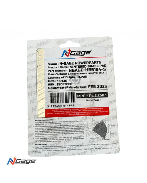 N-Gage Powerparts sintered brake pad packaging with product details and barcode on white background