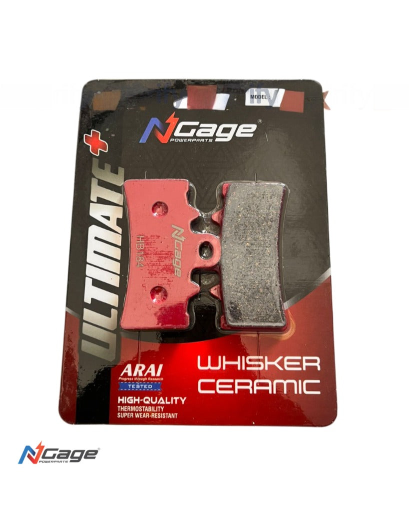 Ngage Ultimate ceramic motorcycle brake pad in red and black blister packaging