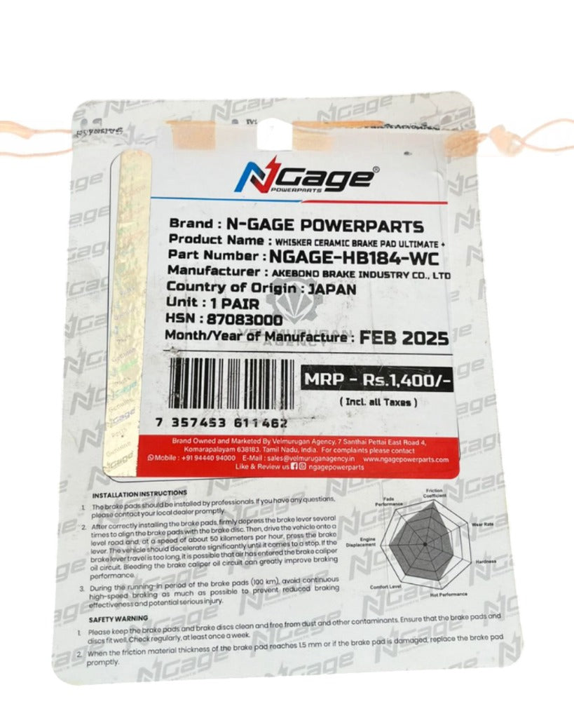 N-Gage ceramic brake pad packaging with product and manufacturer details, barcode, and specs.