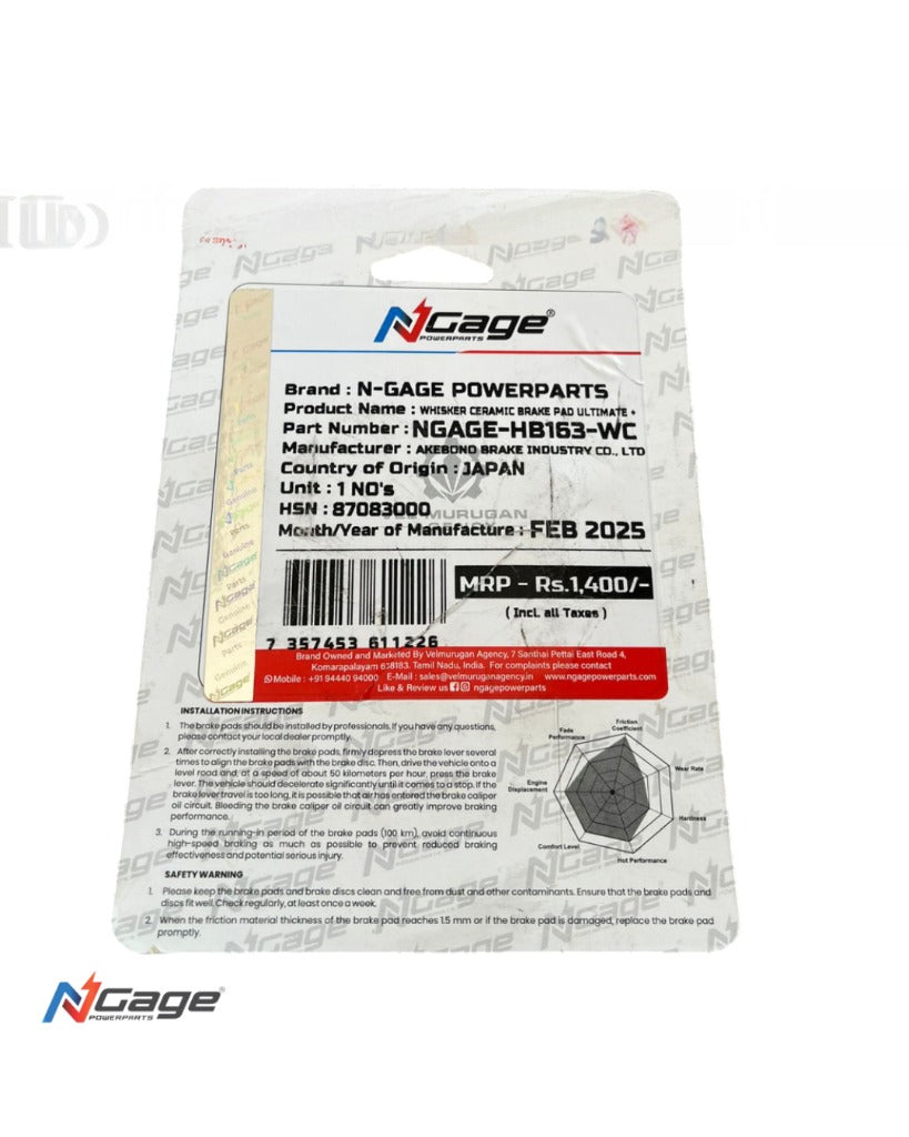 N-Gage Powerparts whisker ceramic brake pad ultimate packaging with product details, barcode, and specifications.