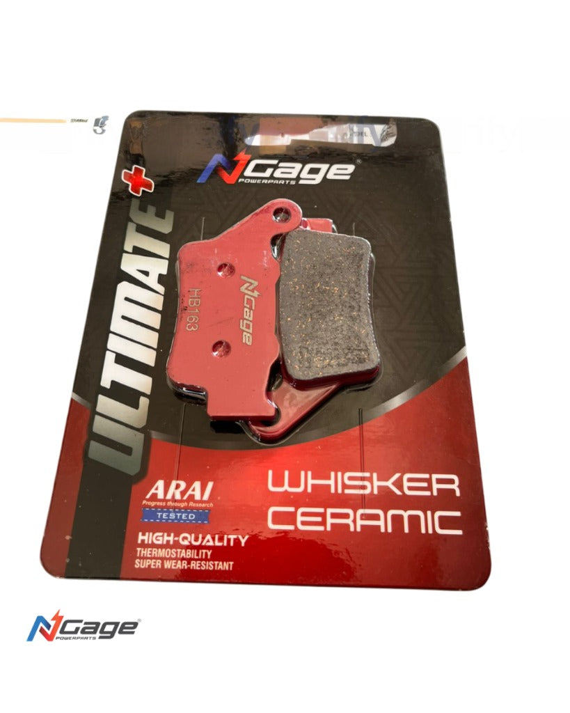 Red N Cage Ultimate whisker ceramic brake pad for motorcycles in retail packaging.