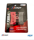 Ceramic motorcycle brake pad in red and black N Cage packaging, labeled whisker ceramic.