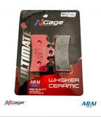 Ceramic motorcycle brake pad in red and black N Cage packaging, labeled whisker ceramic.