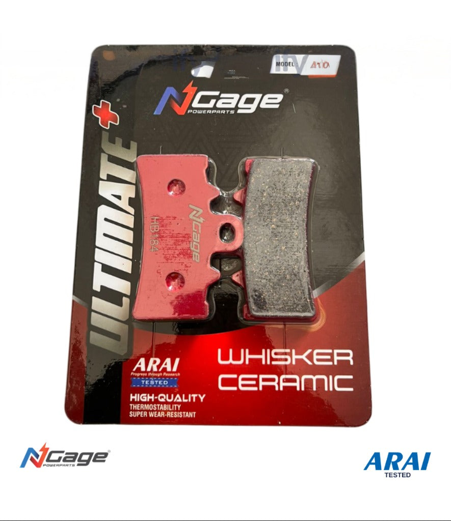 Ceramic motorcycle brake pad in red and black N Cage packaging, labeled whisker ceramic.