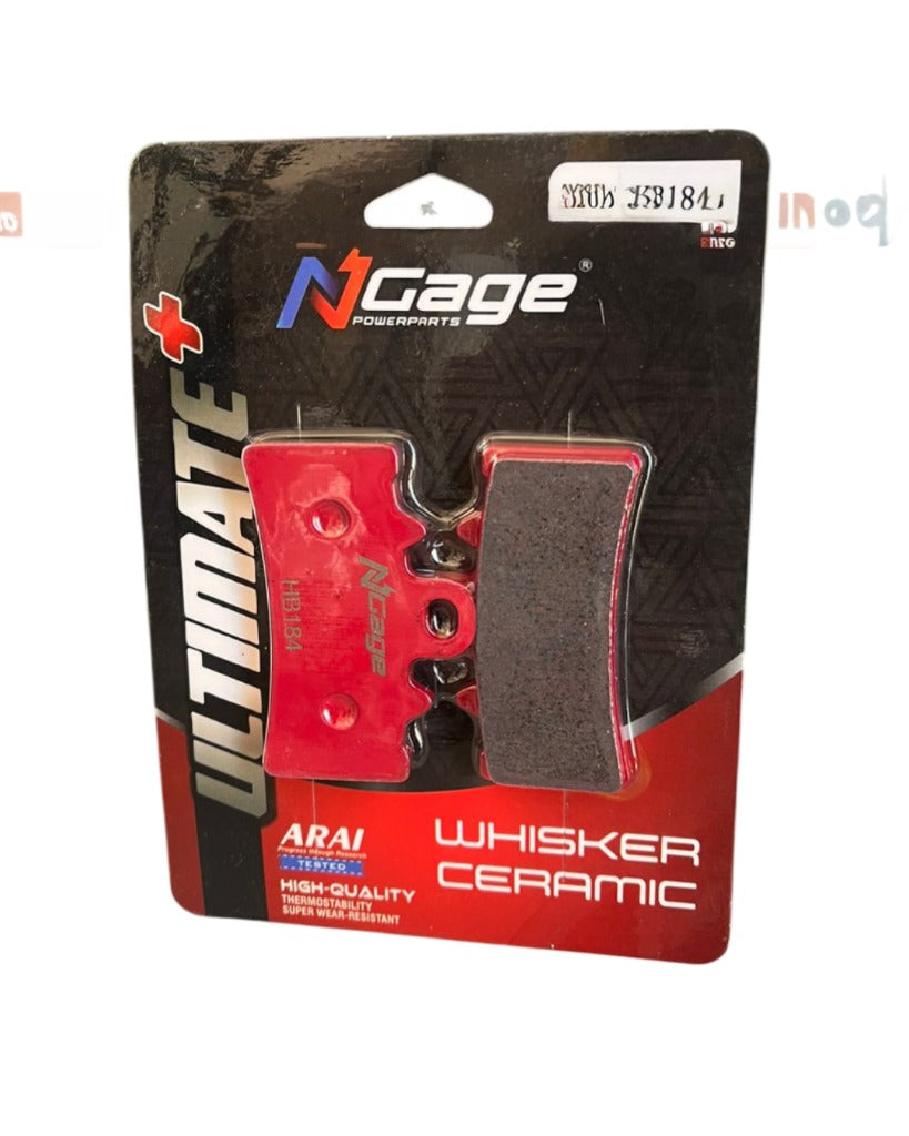 NGage ceramic brake pad in red packaging labeled Ultimate Whisker Ceramic for motorcycles