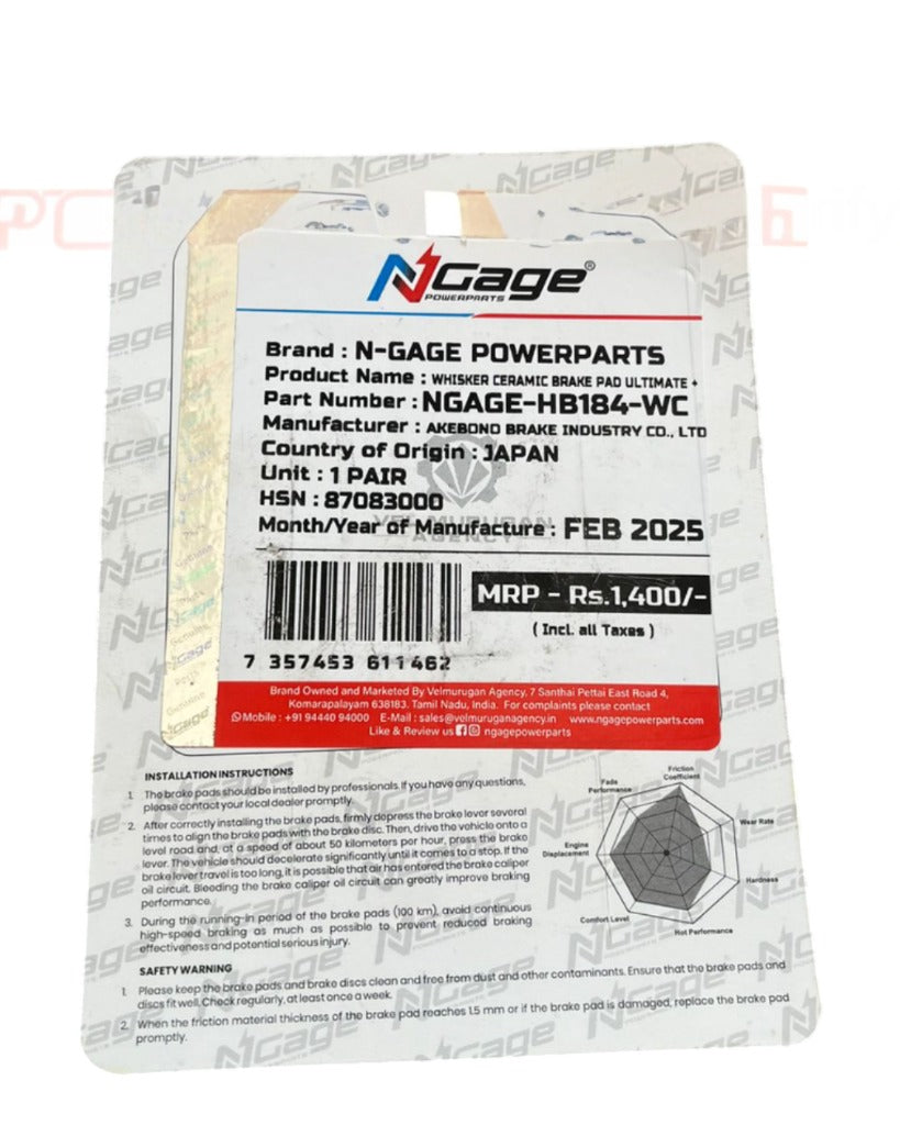 N-Gage ceramic brake pad packaging label showing product details, barcode, and installation instructions