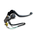 Motorcycle brake lever with cables and adjustment knob on white background