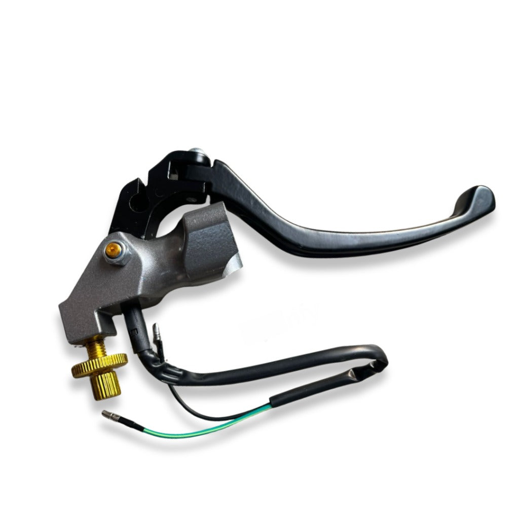 Motorcycle brake lever with cables and adjustment knob on white background