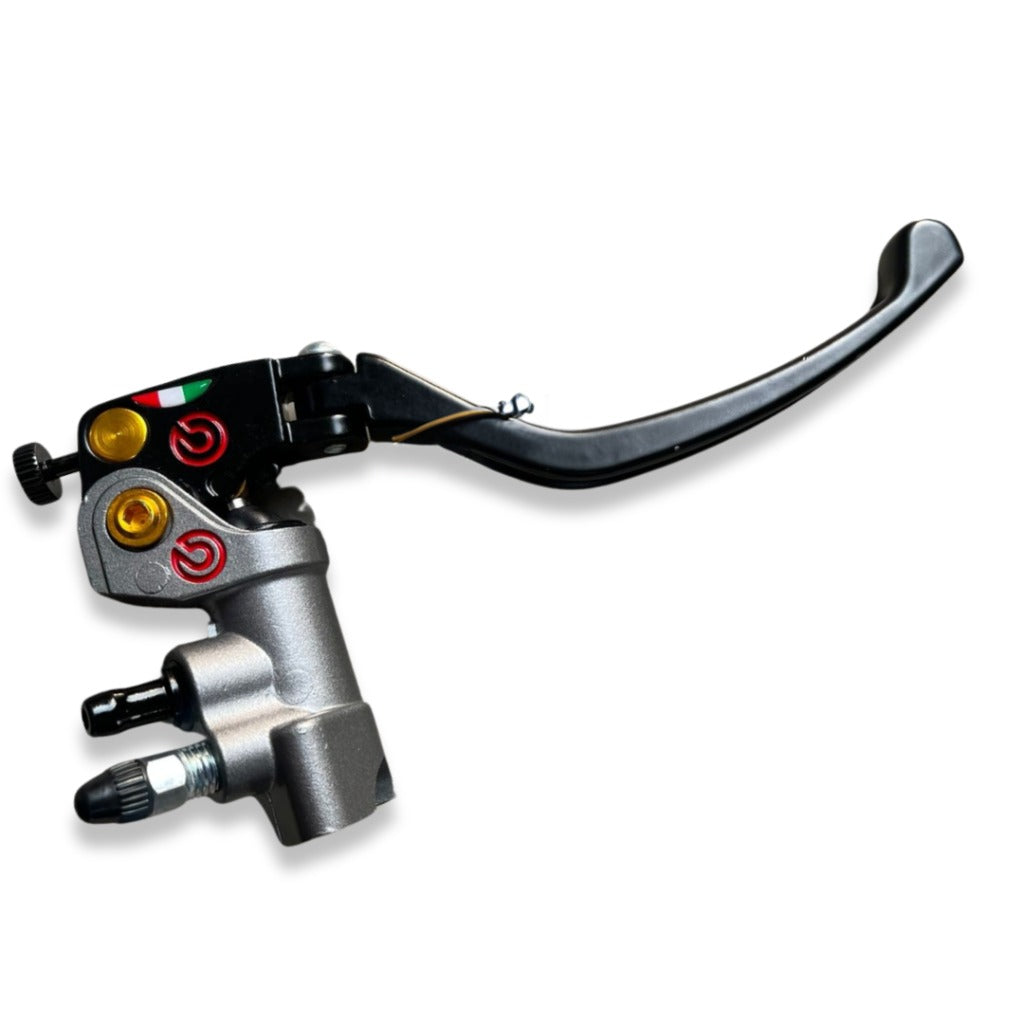 Motorcycle brake master cylinder lever with black handle and metallic adjustment dials