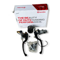 Motorcycle brake lever set with master cylinder and hardware in front of Brembo box