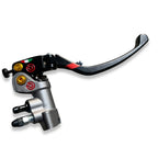 Motorcycle brake master cylinder with black lever and colored adjustment dials