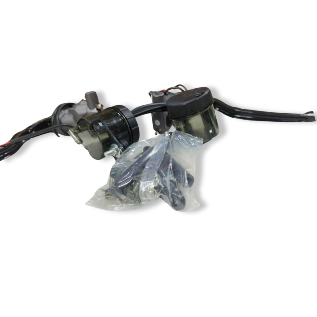 Motorcycle handlebar brake master cylinder and reservoir set with accessories