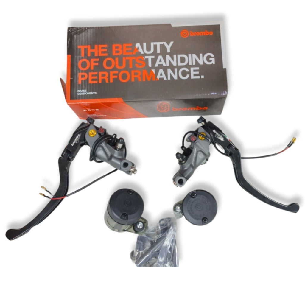 Motorcycle brake lever and master cylinder set with reservoirs and packaging