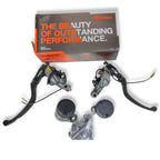 Motorcycle brake lever and master cylinder set with reservoirs and packaging
