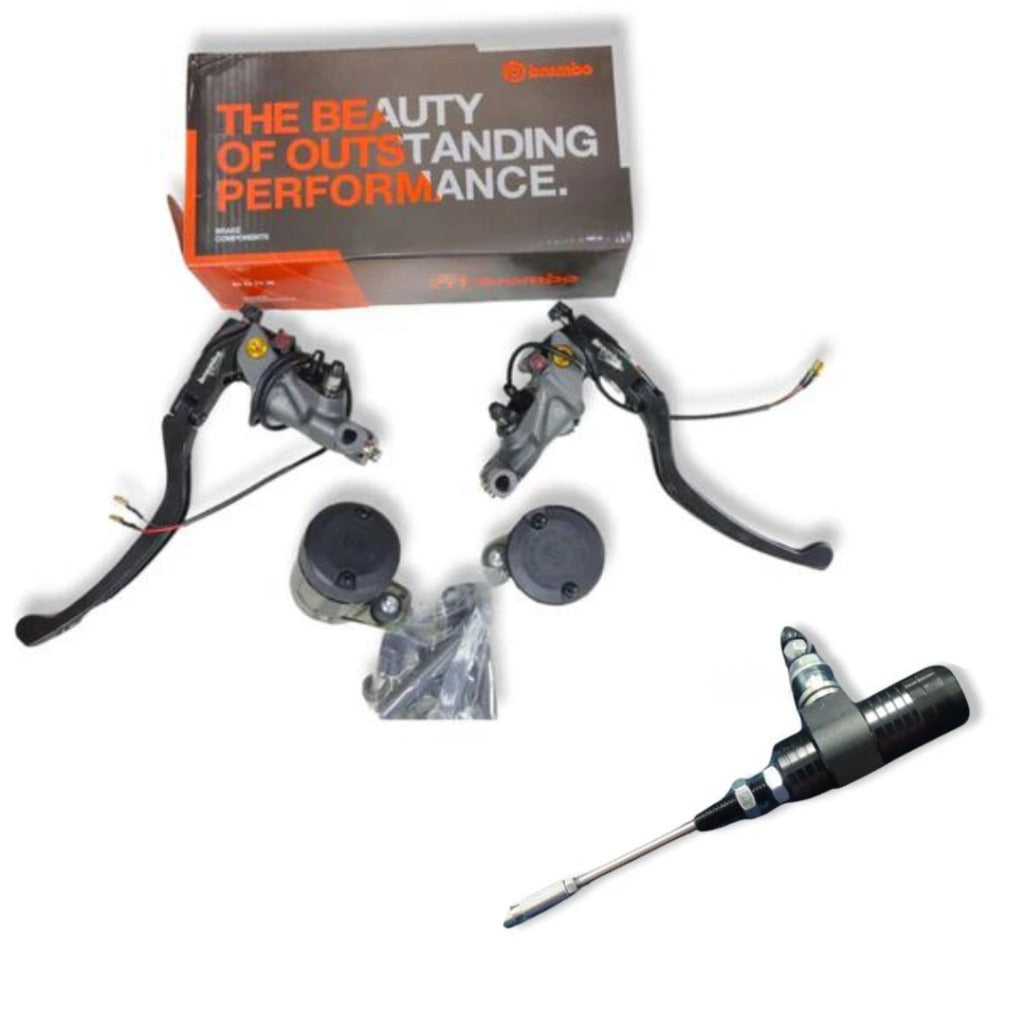 Motorcycle brake and clutch lever set with master cylinders and adjustment tool