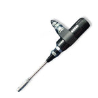 Black motorcycle tire repair tool with needle tip on white background