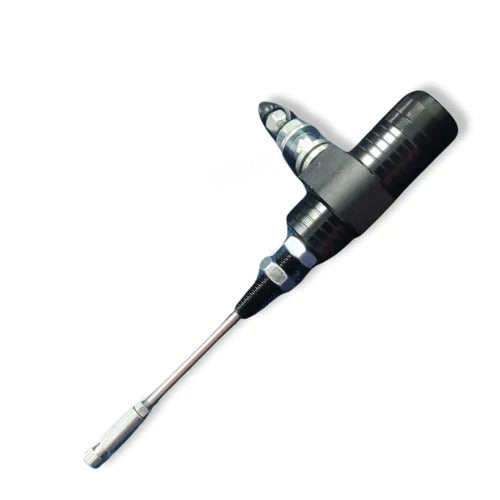 Black motorcycle tire repair tool with needle tip on white background