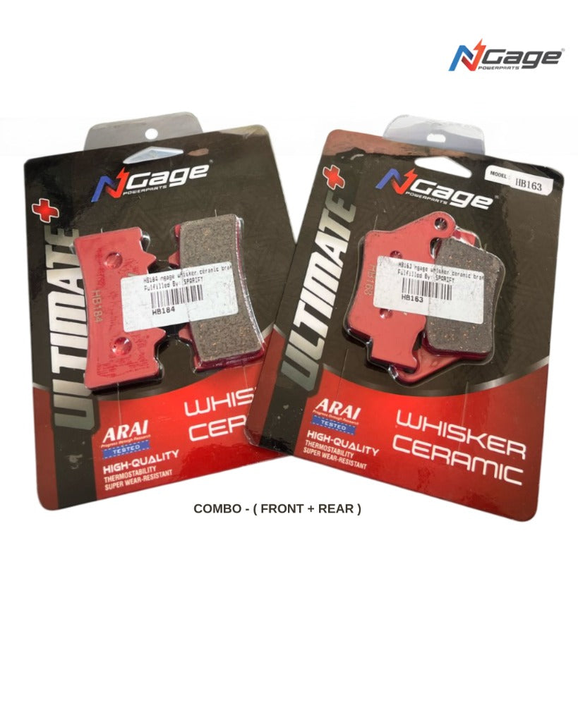 Front and rear ceramic brake pads combo pack for motorcycles, red color, in retail packaging
