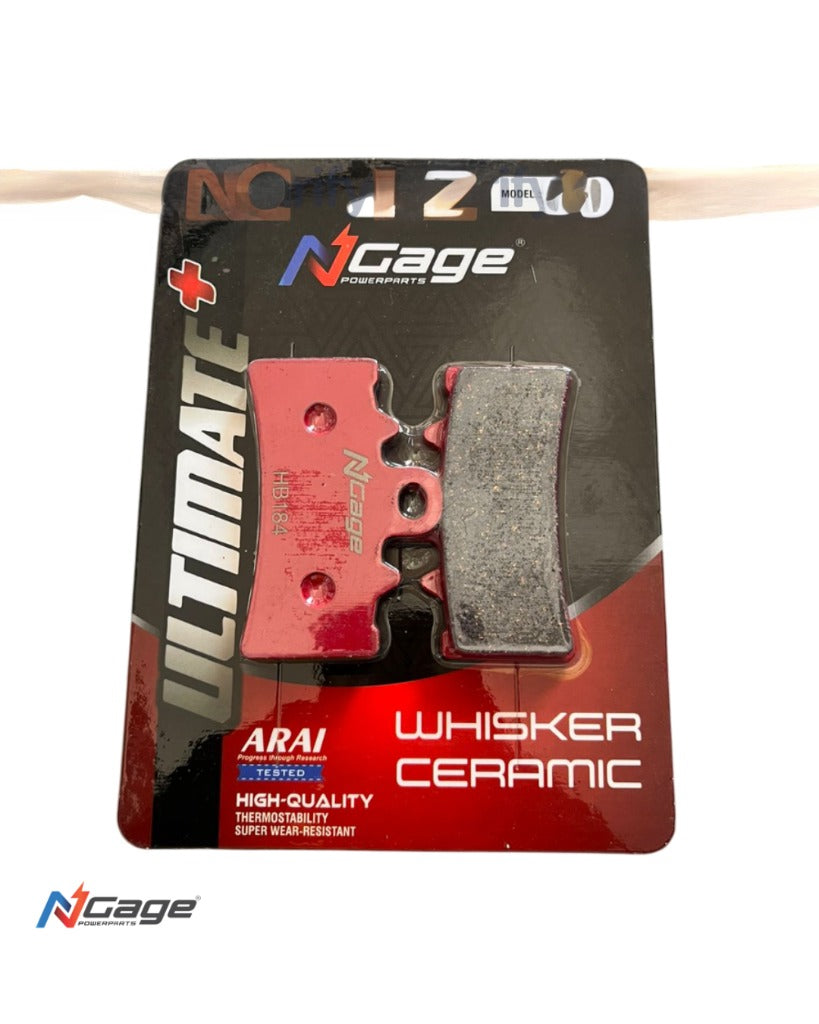 Ngage red whisker ceramic brake pad for motorcycles in retail packaging