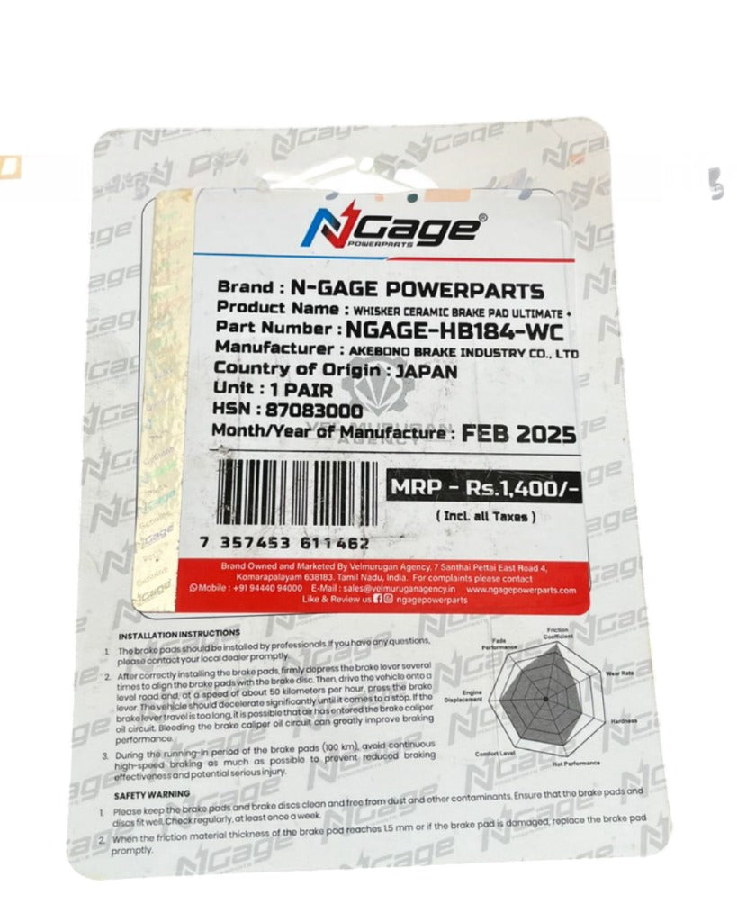 N-GAGE Powerparts ceramic brake pad packaging with product details and barcode visible