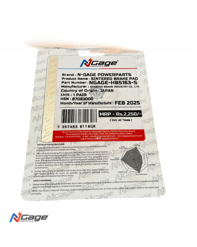 N-Gage sintered brake pad packaging with product details, barcode, and installation instructions
