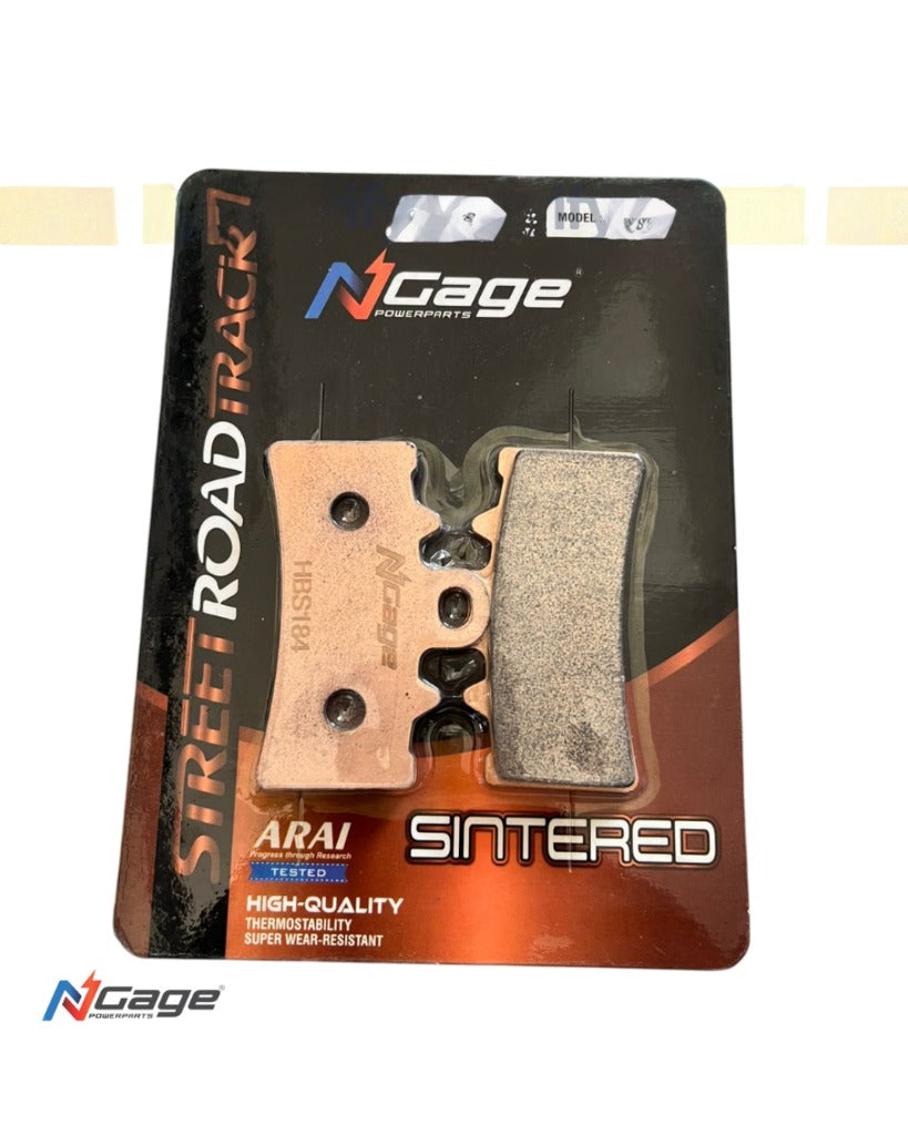 N Cage sintered motorcycle brake pads in retail packaging, high-quality, wear-resistant.