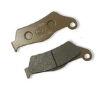 motorcycle brake pads set, replacement parts, metallic finish, friction surface visible