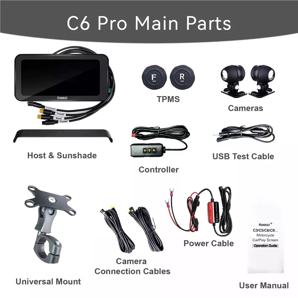 AOOCCI C6 Pro Motorcycle Dash Cam – Dual Front & Rear 4K/1080P, Wireless CarPlay & Android Auto, GPS & Emergency Lock, 140° Wide Angle, Wired Remote, IP67 Waterproof