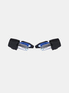 Pair of blue and black motorcycle handlebar end caps on white background