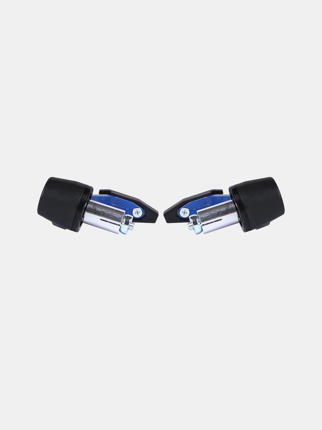 Pair of blue and black motorcycle handlebar end caps on white background