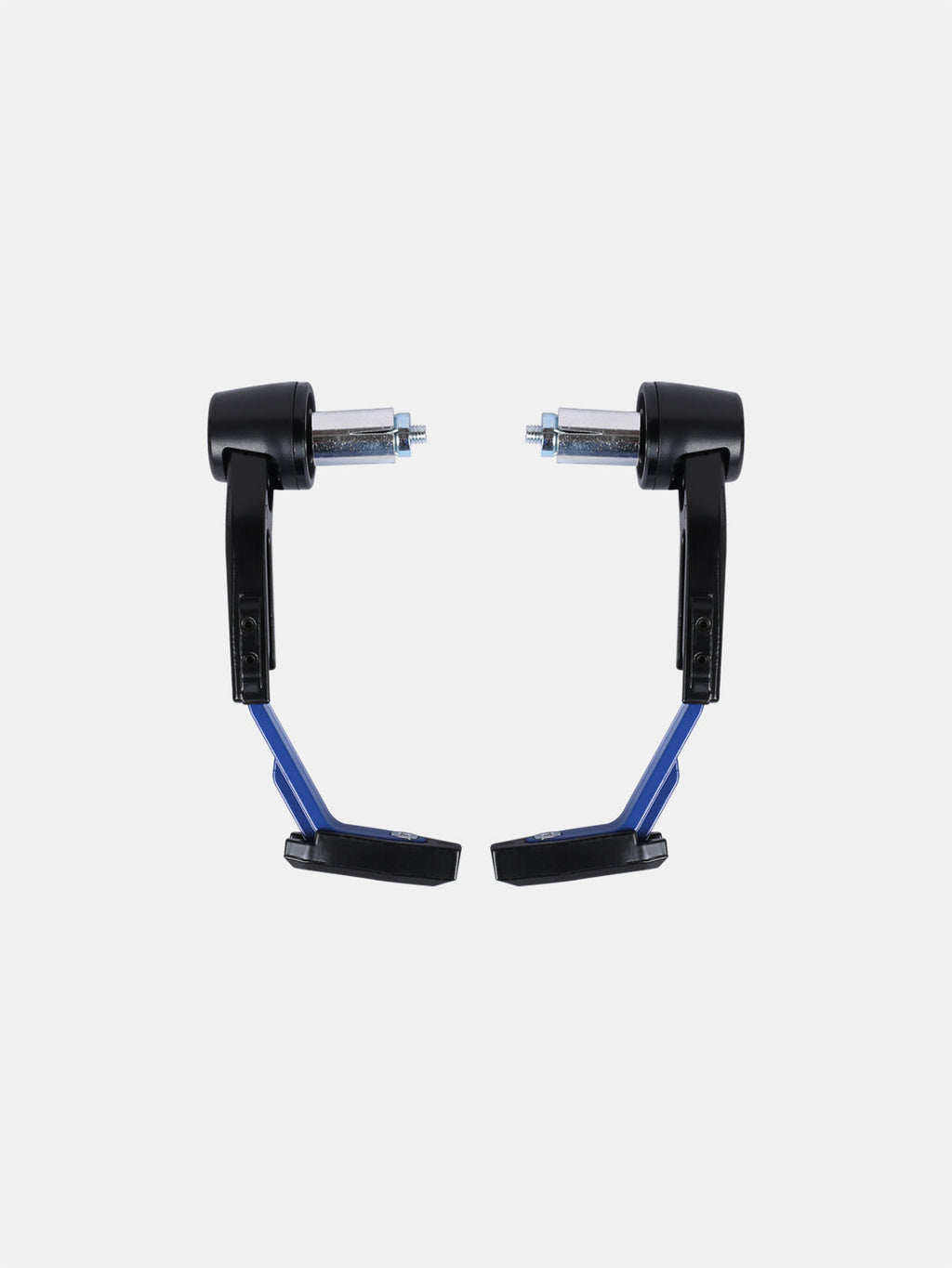 Pair of blue and black motorcycle handlebar guards with metal mounting hardware on white background