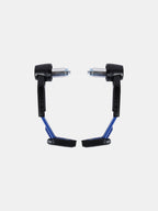 Pair of blue and black motorcycle handlebar guards with metal mounting hardware on white background