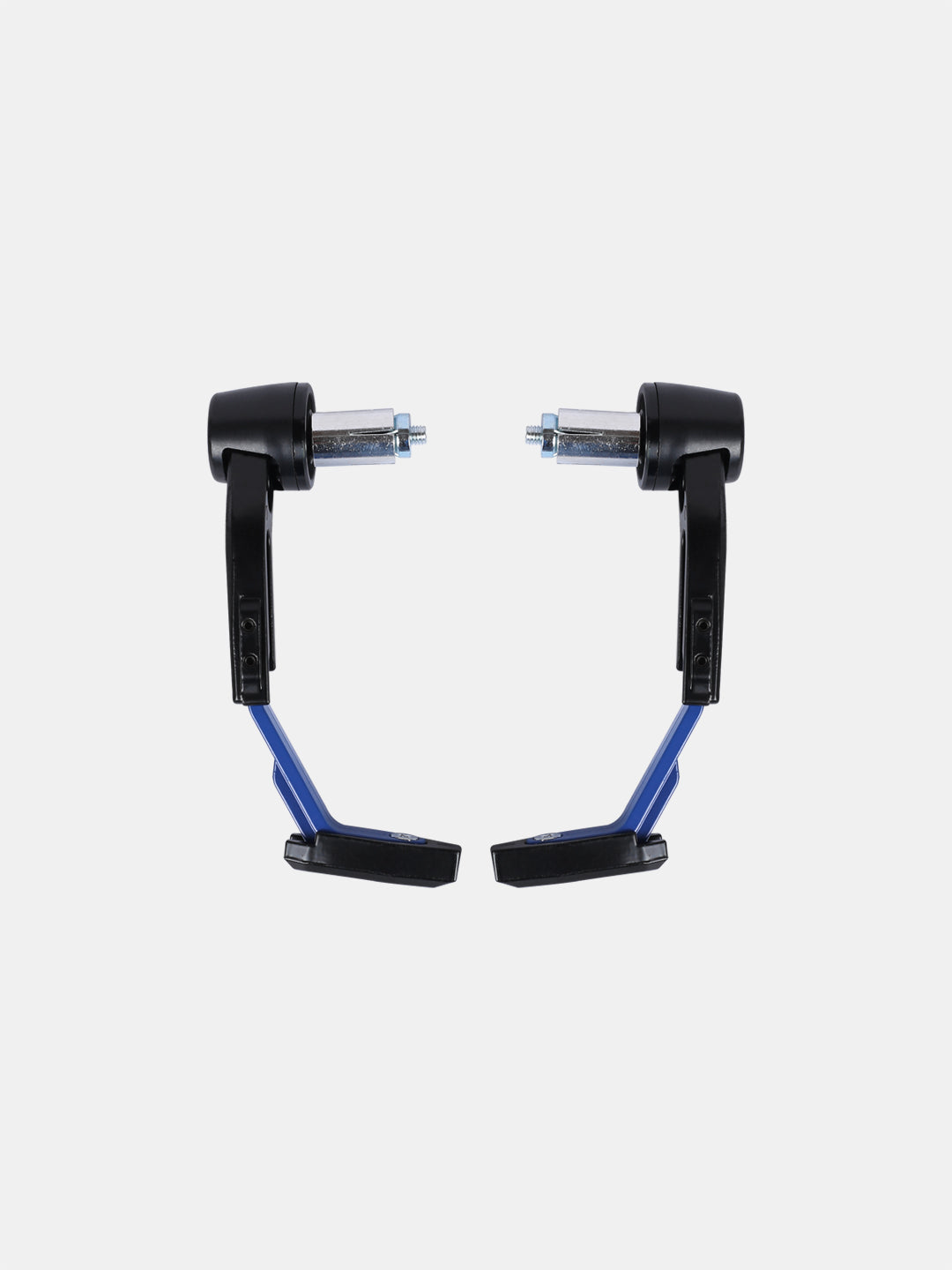 Pair of blue and black motorcycle handlebar guards with metal mounting hardware on white background