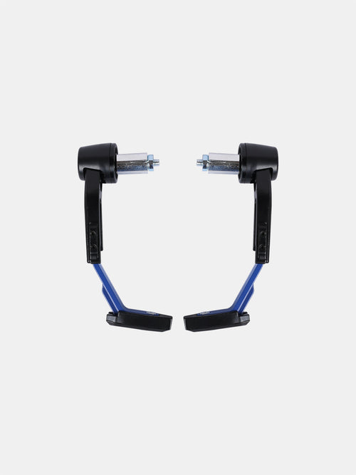 Pair of blue and black motorcycle handlebar guards with metal mounting hardware on white background