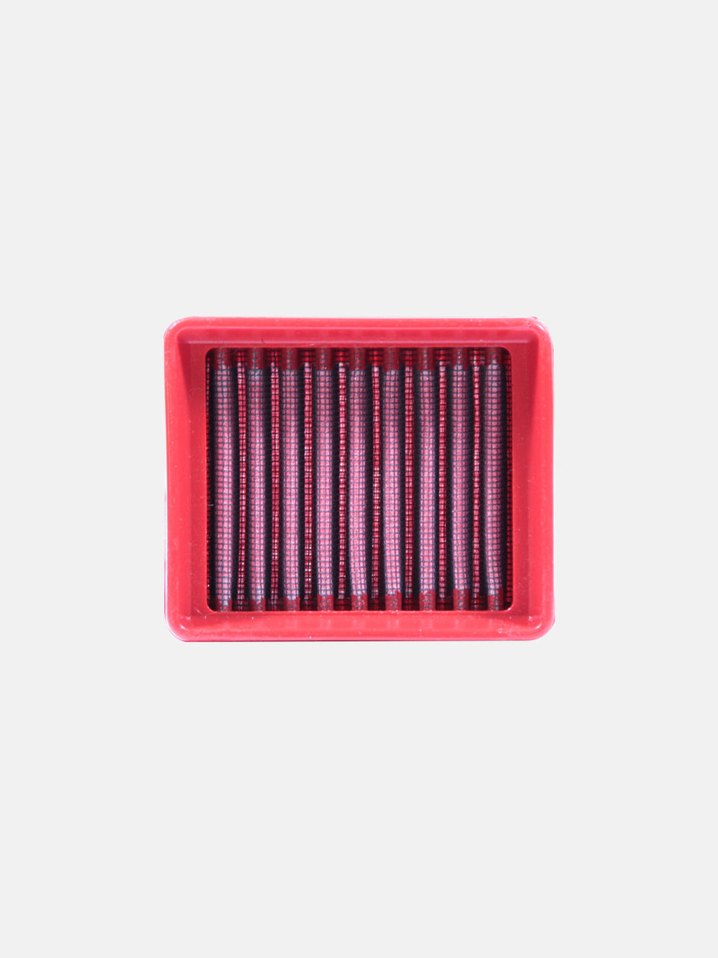 Rectangular red motorcycle air filter with vertical pleats on white background