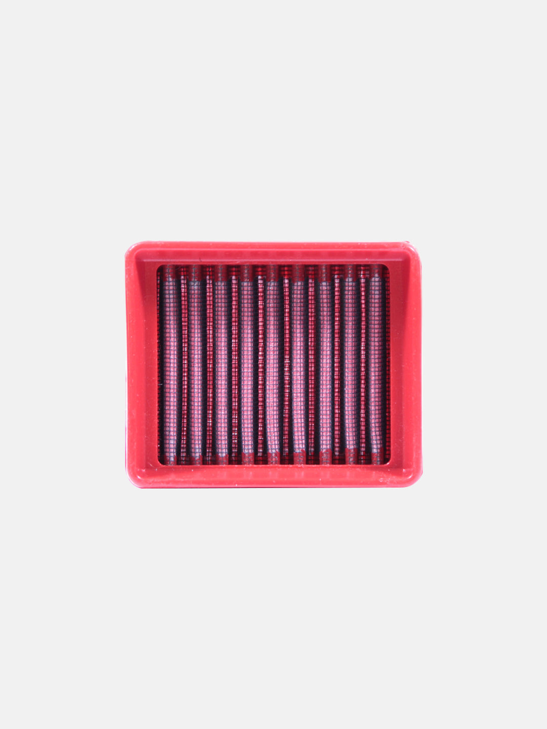 Rectangular red motorcycle air filter with vertical pleats on white background