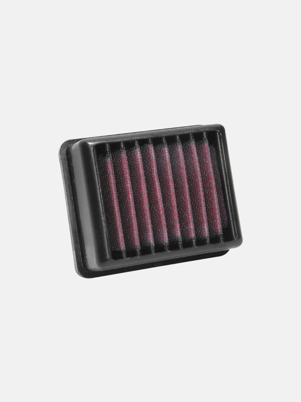 Rectangular motorcycle air filter with pleated red and black design on white background