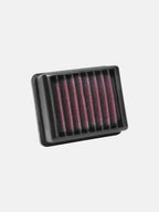 Rectangular motorcycle air filter with pleated red and black design on white background