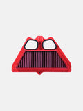 Red motorcycle air filter with dual intake design on white background