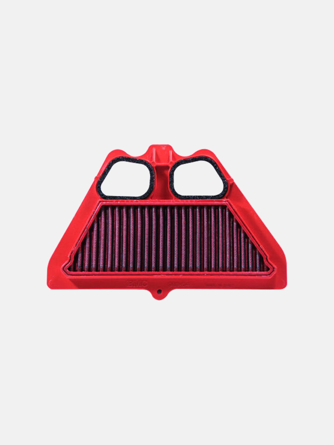 Red motorcycle air filter with dual intake design on white background