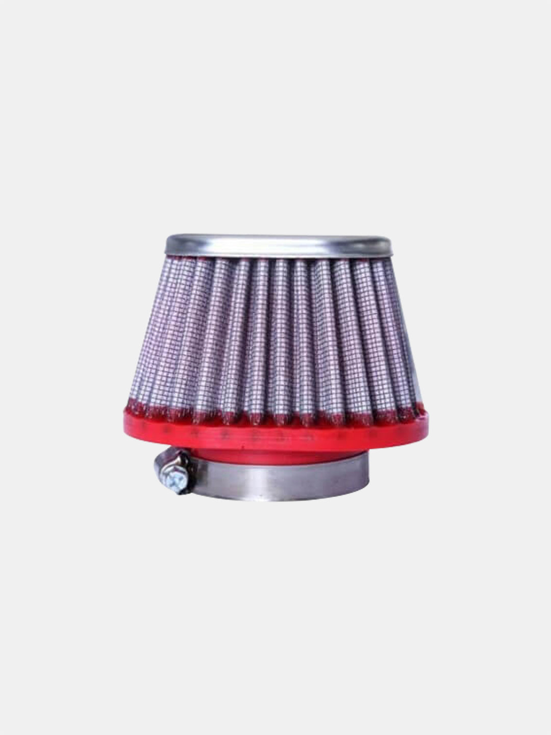 conical motorcycle air filter with red base and metal mesh on white background