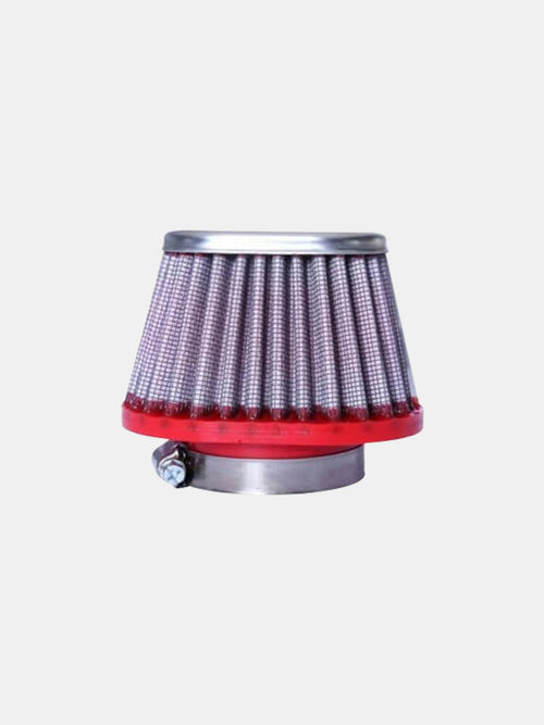 conical motorcycle air filter with red base and metal mesh on white background