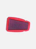 Red and purple motorcycle air filter with pleated design on white background