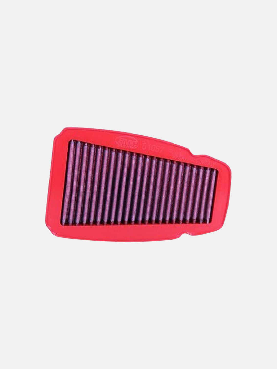 Red and purple motorcycle air filter with pleated design on white background