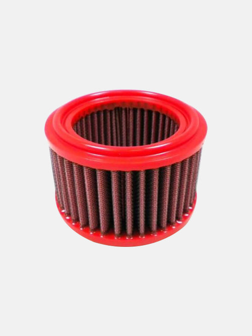 round motorcycle air filter with red rubber edge on white background