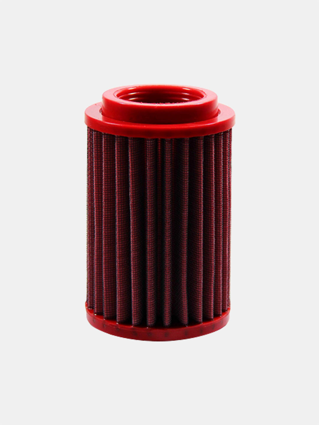 Red cylindrical motorcycle oil filter with pleated design on white background