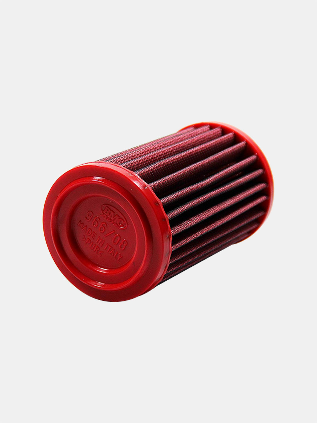 Red cylindrical motorcycle air filter with pleated design on a white background