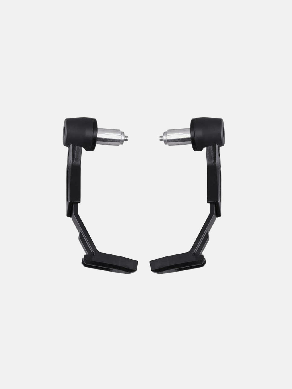 Pair of black motorcycle lever guards with silver mounting ends on white background