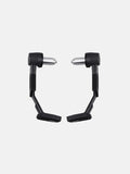 Pair of black motorcycle lever guards with silver mounting ends on white background